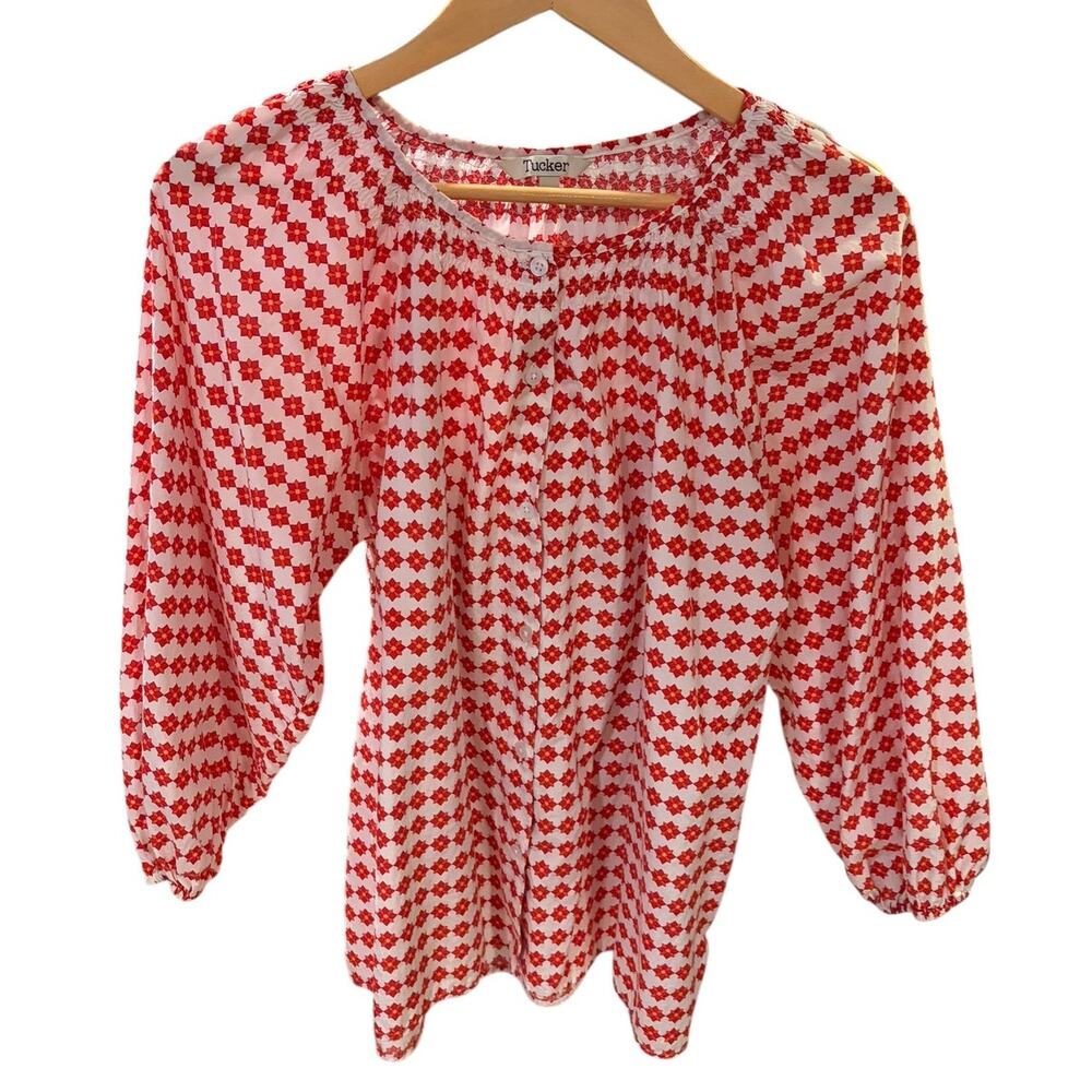 TUCKER NYC Women's The Classic Blouse LARGE Geometric, Smocked Red Silk Cotton